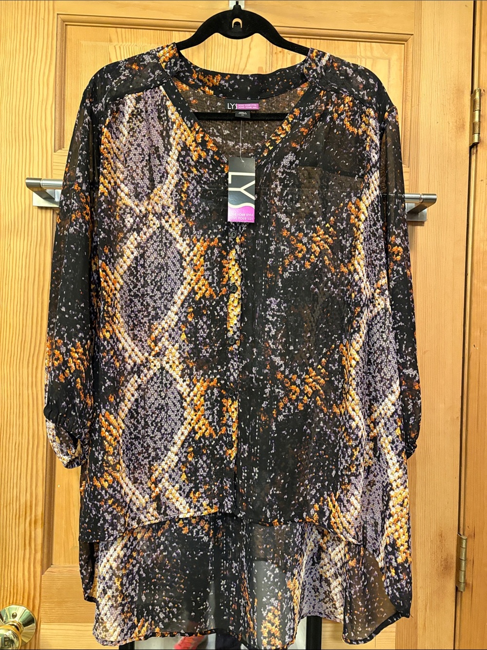Snakeskin Multi Color Button Up Sheer Blouse Sz 2XL